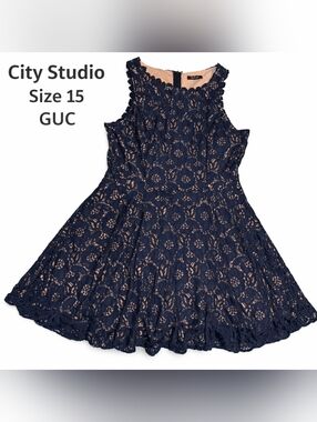 GUC Pre-Poved Size 15 City Studio Navy & Nude Lace Fit-and-Flare Girls Dress